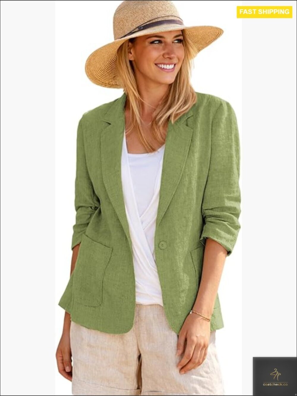 Linen Blazer Lightweight Breathable 3/4 Sleeve Ruched Casual Work Jacket